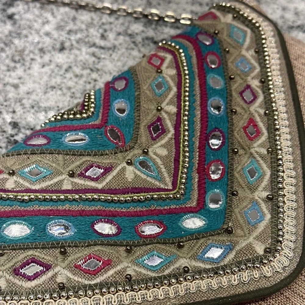 Chicos Jerri Clutch Embellished Embroidered Chain Bag‎ Turquoise Tan Boho Chic